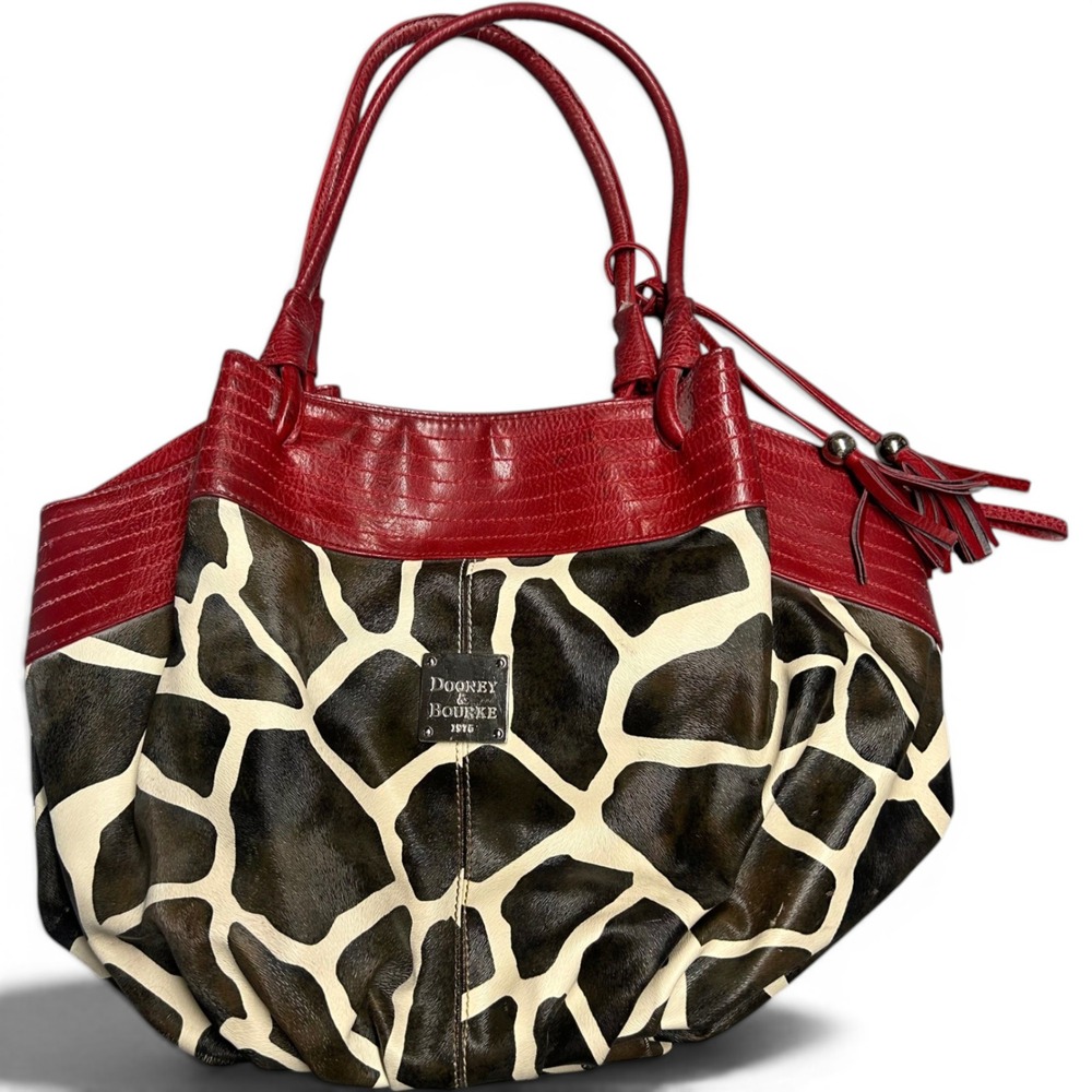 Dooney & Bourke Tote Bag Giraffe Print Red Leather Womens Large Animal Print